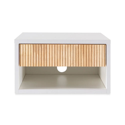 Comodino flottante classico contemporaneo da parete da 40 cm con cassetto scorrevole a serrandina con chiusura ammortizzata e foro passacavi