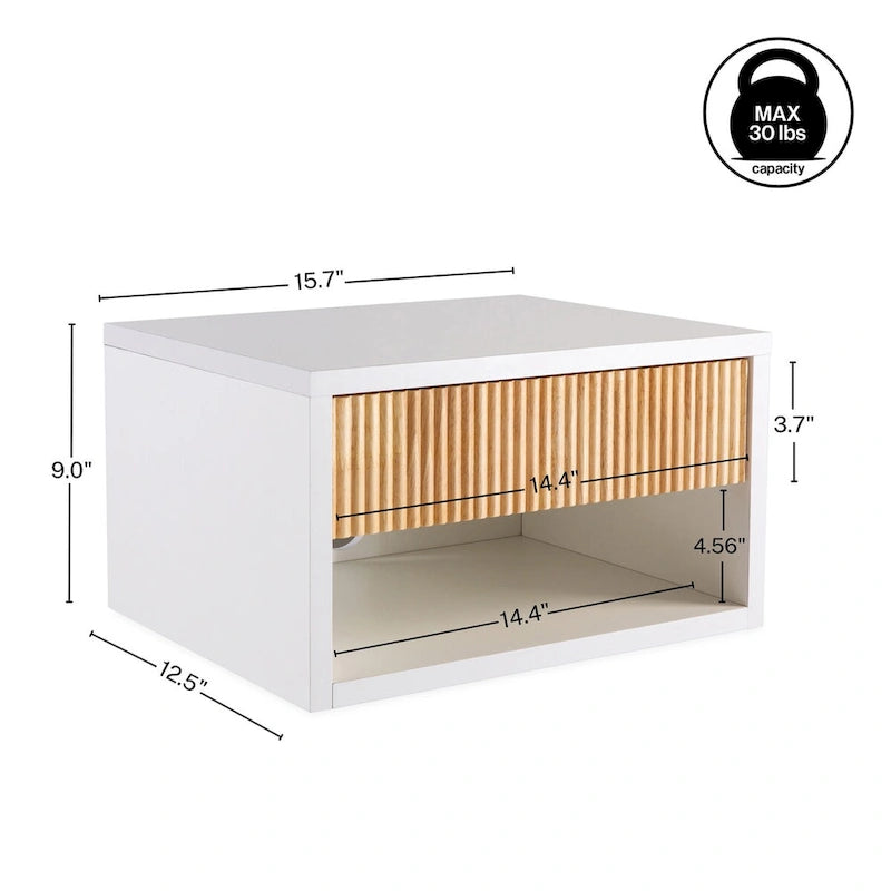 Comodino flottante classico contemporaneo da parete da 40 cm con cassetto scorrevole a serrandina con chiusura ammortizzata e foro passacavi