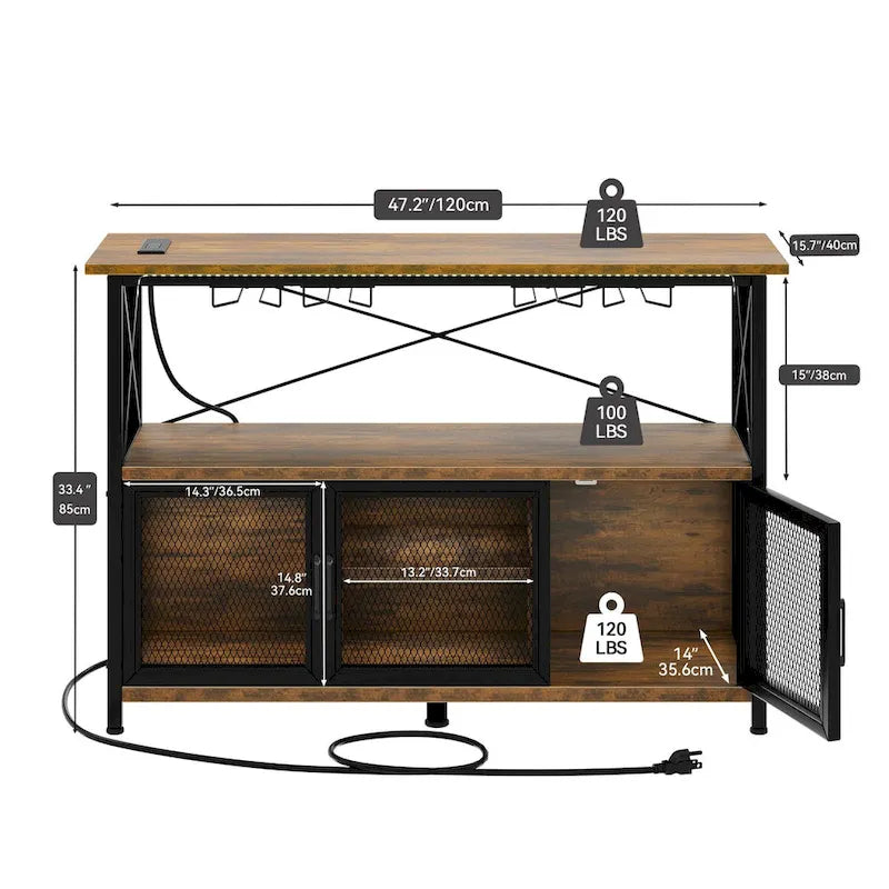Mobile bar con cantinetta portavini da 120 cm con luci a LED, prese di corrente e ripiani in rete metallica - 120L x 40W x 85H cm