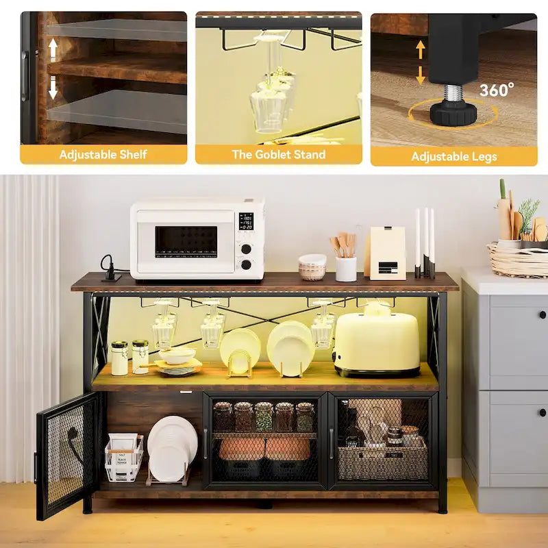 Mobile bar con cantinetta portavini da 120 cm con luci a LED, prese di corrente e ripiani in rete metallica - 120L x 40W x 85H cm
