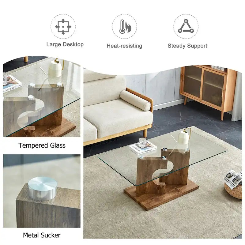 Un tavolino da caffè rettangolare moderno e alla moda con piano in vetro temperato e gambe in MDF bianco