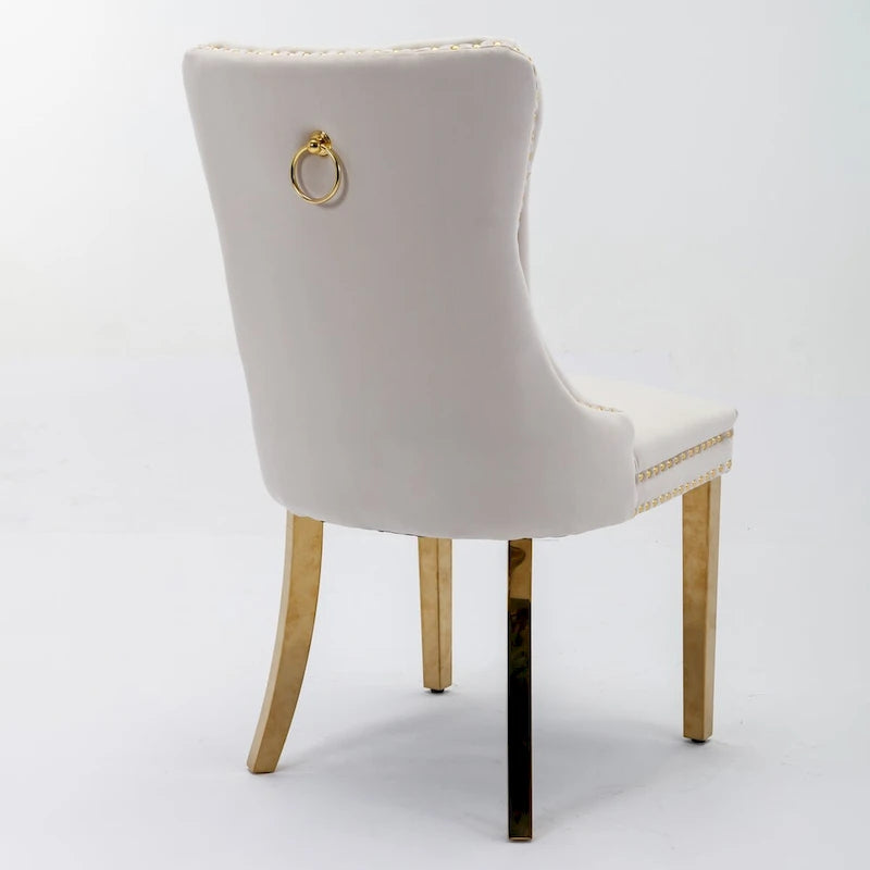 Sedia da pranzo di lusso in velluto imbottita moderna con schienale trapuntato e gambe placcate in acciaio inossidabile dorato, set da 2