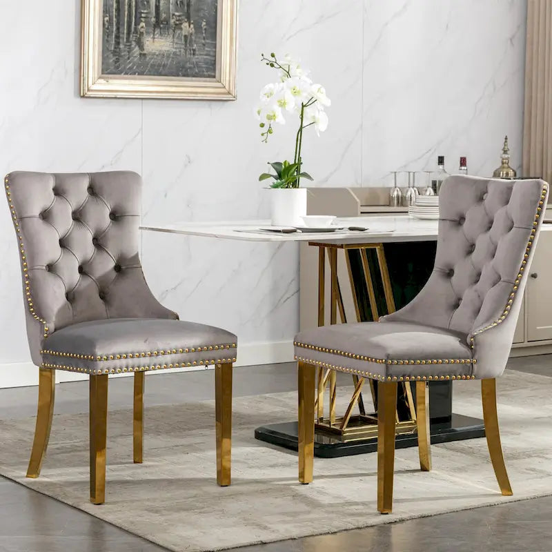 Sedia da pranzo di lusso in velluto imbottita moderna con schienale trapuntato e gambe placcate in acciaio inossidabile dorato, set da 2