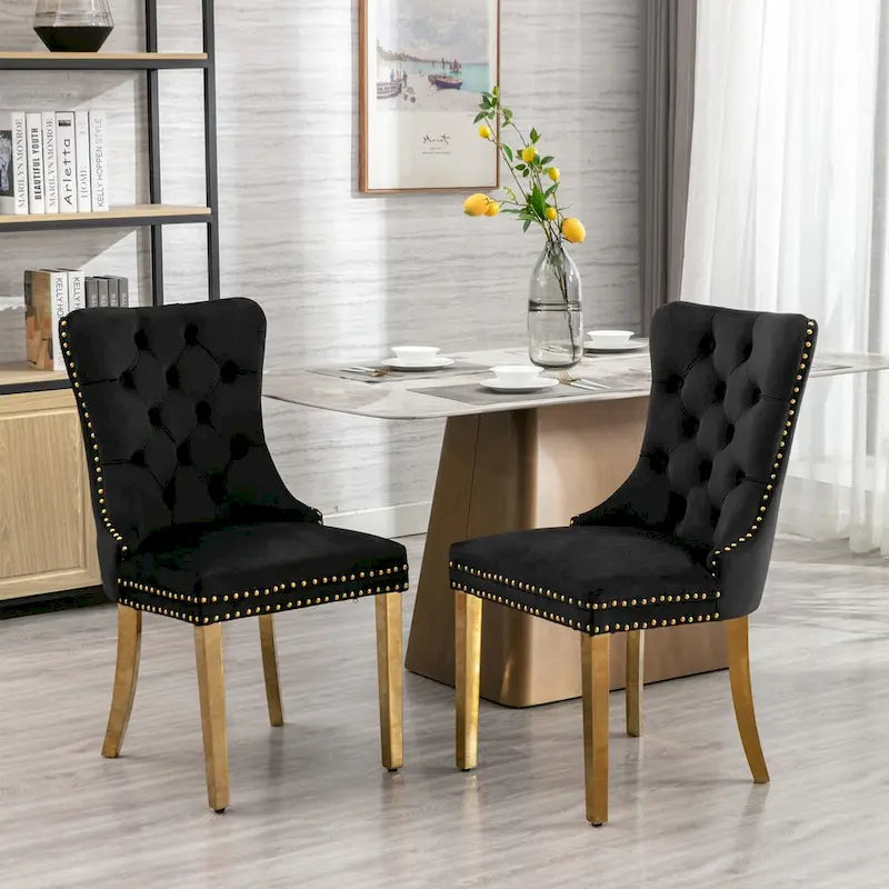 Sedia da pranzo di lusso in velluto imbottita moderna con schienale trapuntato e gambe placcate in acciaio inossidabile dorato, set da 2