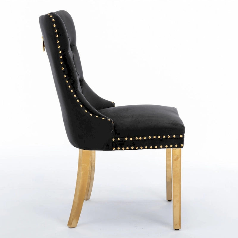 Sedia da pranzo di lusso in velluto imbottita moderna con schienale trapuntato e gambe placcate in acciaio inossidabile dorato, set da 2