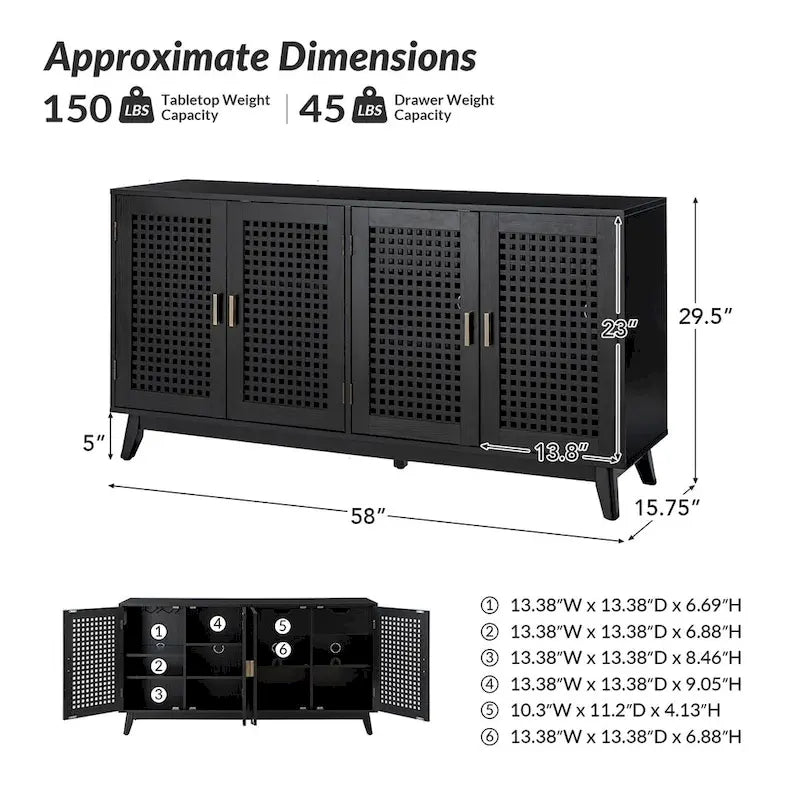 Credenza contemporanea larga 58" con gambe in legno massello