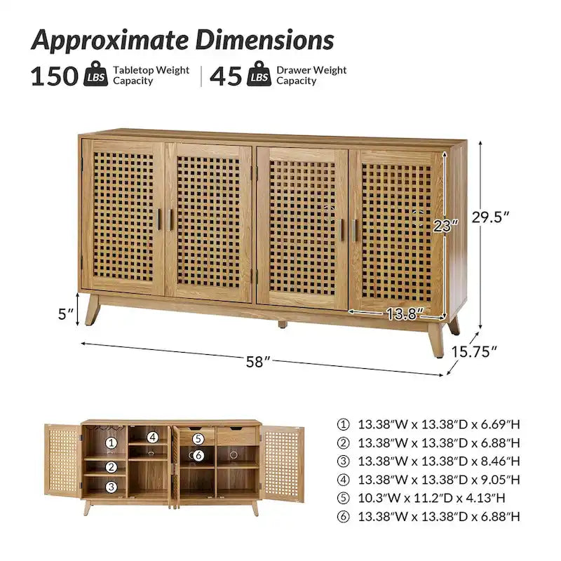 Credenza contemporanea larga 58" con gambe in legno massello