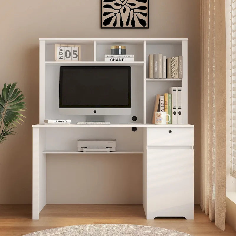Scrivania per computer con libreria, Scrivania in legno per ragazzi, Scrivania per laptop per ufficio domestico con cassetti, 3 prese CA e 2 porte di ricarica USB