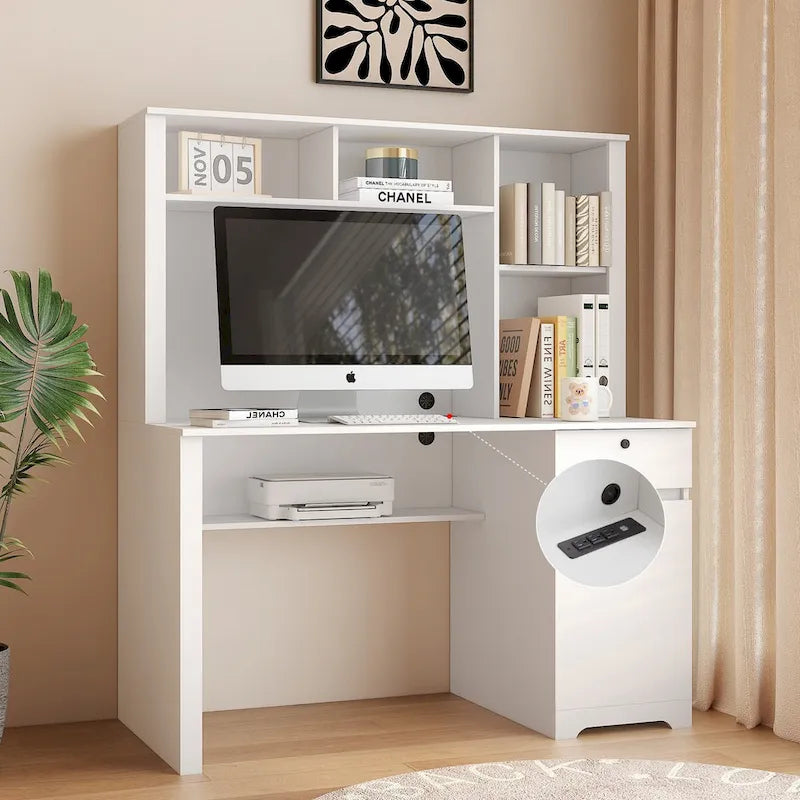 Scrivania per computer con libreria, Scrivania in legno per ragazzi, Scrivania per laptop per ufficio domestico con cassetti, 3 prese CA e 2 porte di ricarica USB