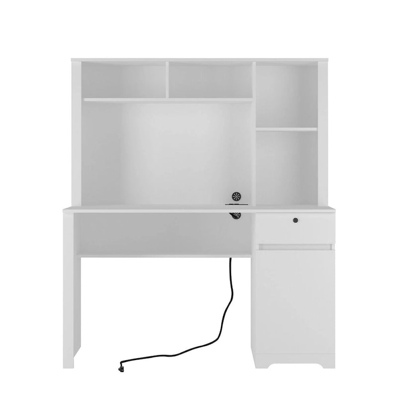 Scrivania per computer con libreria, Scrivania in legno per ragazzi, Scrivania per laptop per ufficio domestico con cassetti, 3 prese CA e 2 porte di ricarica USB