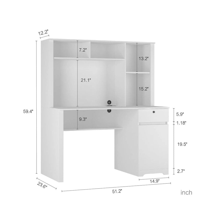Scrivania per computer con libreria, Scrivania in legno per ragazzi, Scrivania per laptop per ufficio domestico con cassetti, 3 prese CA e 2 porte di ricarica USB