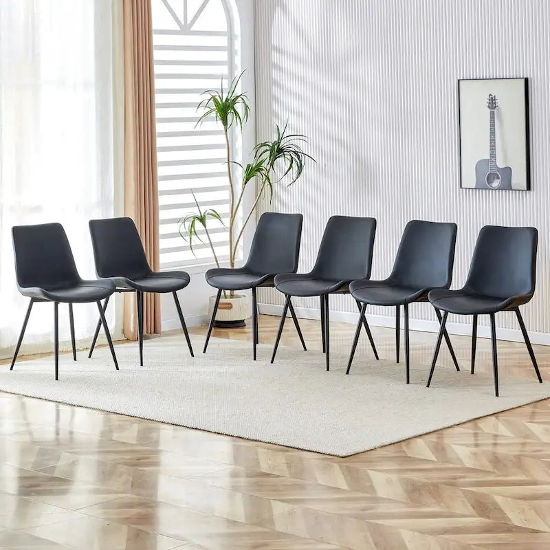 Sedia da pranzo con schienale imbottito in ecopelle, gambe in metallo nero, seduta curva allargata per un maggiore comfort (6 sedie)