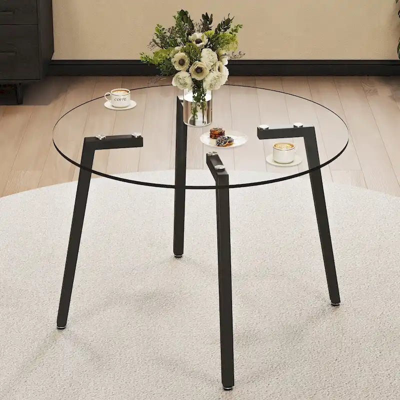 Tavolo Rotondo in Vetro Temperato Trasparente, Piano in Vetro Temperato, Gambe in Metallo Nero, Per Cucina Soggiorno, 42 *42 *29.5