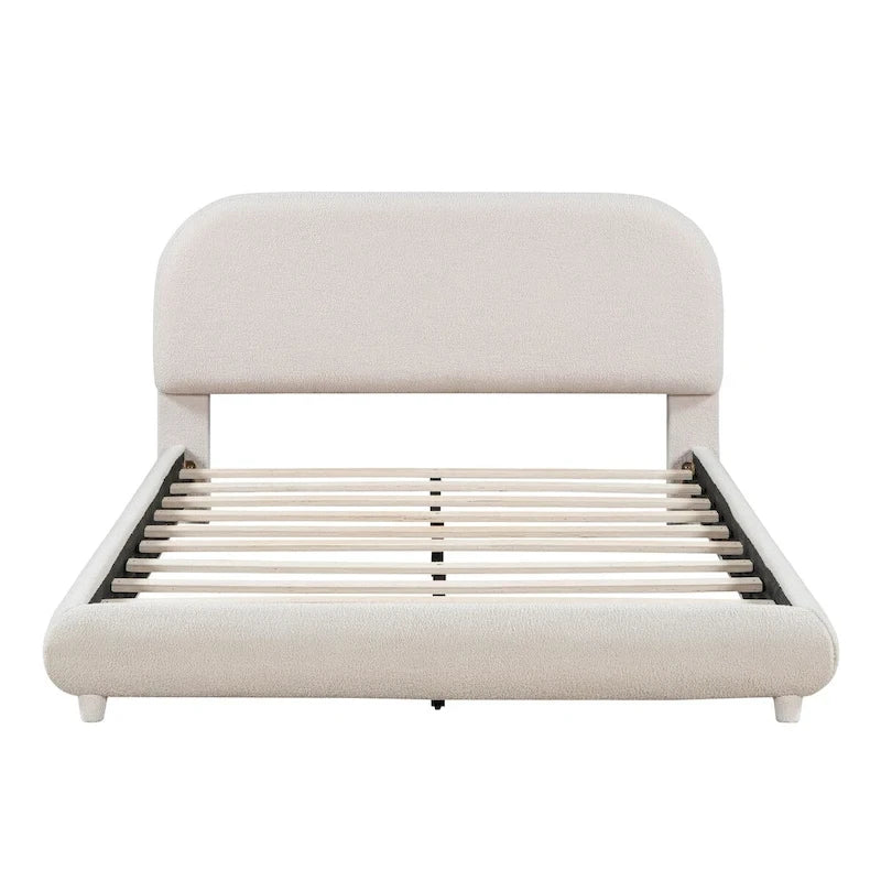 Letto imbottito con struttura a piattaforma, rivestito in tessuto Teddy Fleece, matrimoniale