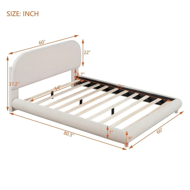Letto imbottito con struttura a piattaforma, rivestito in tessuto Teddy Fleece, matrimoniale