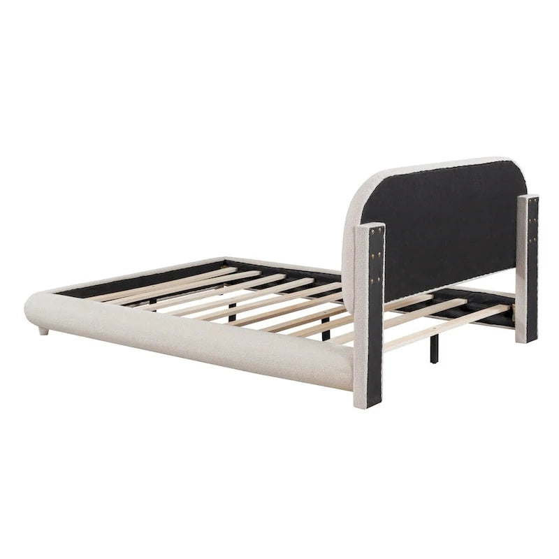 Letto imbottito con struttura a piattaforma, rivestito in tessuto Teddy Fleece, matrimoniale