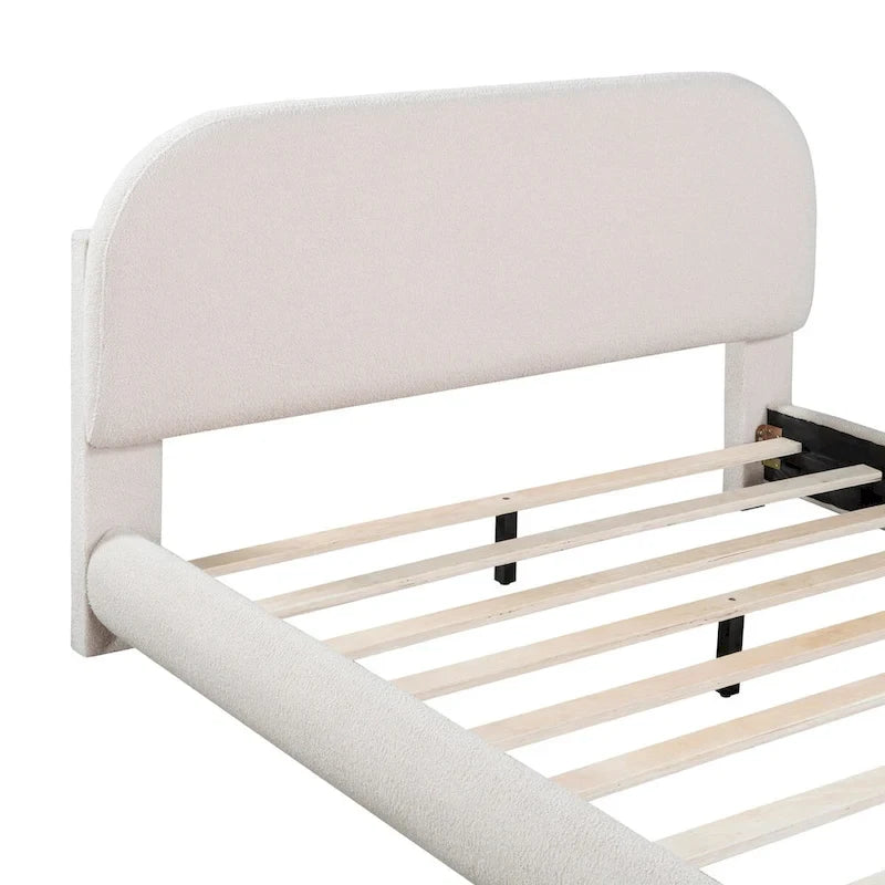 Letto imbottito con struttura a piattaforma, rivestito in tessuto Teddy Fleece, matrimoniale
