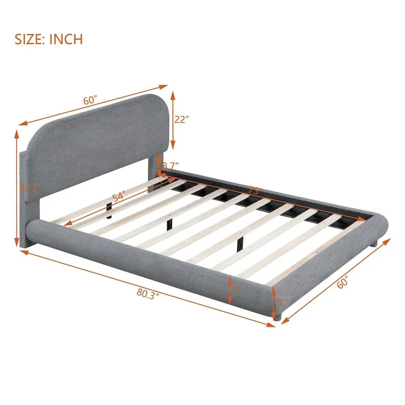 Letto imbottito con struttura a piattaforma, rivestito in tessuto Teddy Fleece, matrimoniale