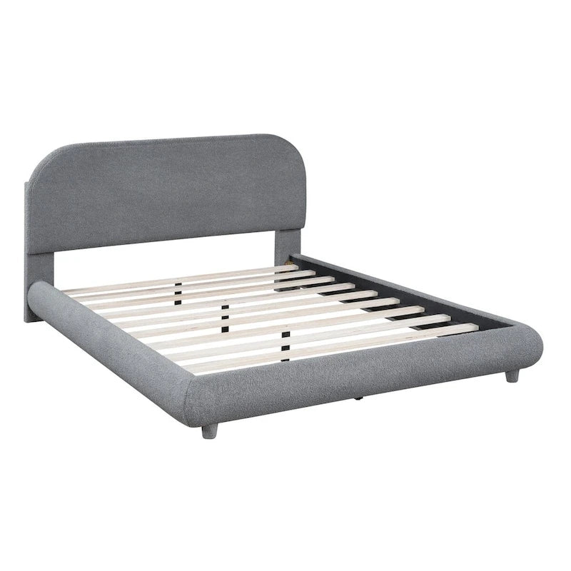 Letto imbottito con struttura a piattaforma, rivestito in tessuto Teddy Fleece, matrimoniale