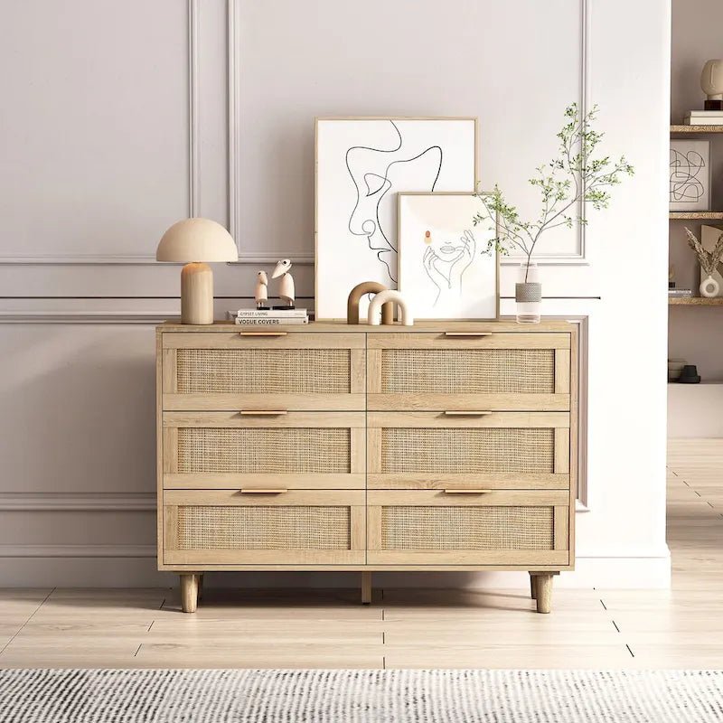  43.31-Inch 6-Drawer Rattan Storage Cabinet in Natural for Bedroom and Living Room