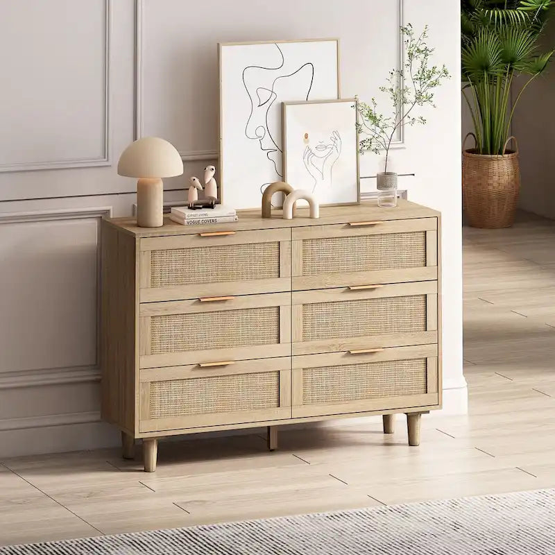 Mobile contenitore a 6 cassetti in rattan naturale da 109,9 cm per camera da letto e soggiorno