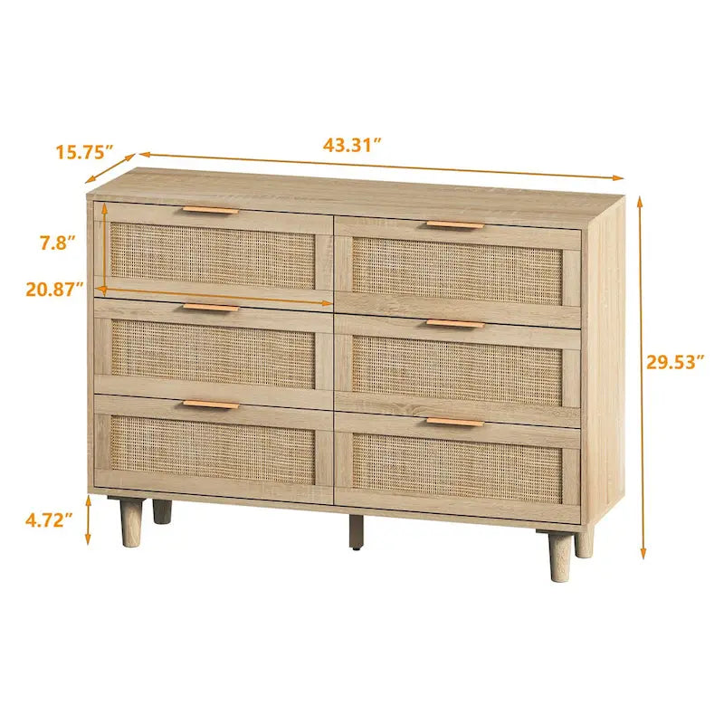Mobile contenitore a 6 cassetti in rattan naturale da 109,9 cm per camera da letto e soggiorno